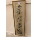 Chinese silk embroidered sleeve panel, gilt framed together with a small 19th Century sampler