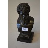 19th Century dark patinated head and shoulder bust of Hercules on a black slate plinth, unsigned,