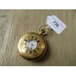 18ct Gold cased half hunter pocket watch, the enamel dial with Roman numerals and subsidiary