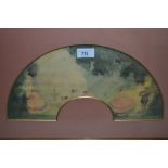 Watercolour on silk, figures dancing in a garden, signed Robb, in a fan shaped mount and rectangular