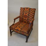 18th Century mahogany Gainsborough type elbow chair with woolwork upholstered back seat and arms