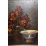 Early 20th Century oil, still life with wallflowers and a blue and white bowl, by H. Cauchois, 17ins