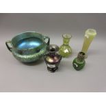 Loetz type iridescent two handled glass bowl together with four other items of Art Glass Various