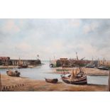 A. Girard, oil on canvas, harbour scene at low tide, 18ins x 24ins, gilt framed