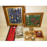 Collection of Royal Engineers brass and cloth badges housed in a glazed display cabinet, together