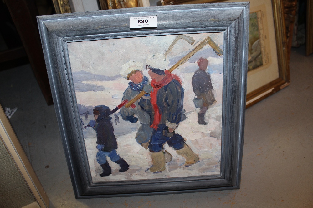 Russian school, oil on board, skiers in a winter landscape, signed and stamped verso, ( - Image 2 of 3