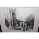John Scarland, charcoal study ' Eye Church, Peterborough ', signed, 16ins x 18ins, housed in an