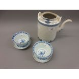 19th Century Chinese blue and white rice pattern teapot (lid lacking), together with a pair of