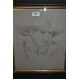 Charcoal study, head and shoulder portrait of a gentleman wearing a wide brimmed hat, 13.5ins x