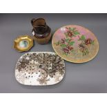 Circular Royal Doulton Chrysanthemum pattern wall plate, a 19th Century stoneware dish strainer, a