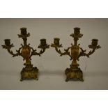 Pair of 19th Century French gilt brass and floral painted wooden three branch candelabra
