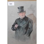 Watercolour and gouache, portrait of a gentleman with a top hat, monogrammed A.B., 13ins x 9.5ins
