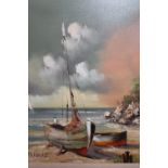 20th Century oil on canvas, coastal scene with beached fishing boats, signed Sanders, 19ins x 15ins,