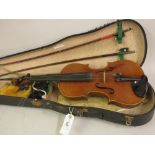 Violin with 14 in back and two bows in a fitted case