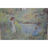 20th Century pastel study, figures beside a pond, signed indistinctly, 14.5ins x 18.5ins, gilt