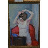 Oil on canvas laid on board, portrait of a young lady attending to her hair, inscribed on frame