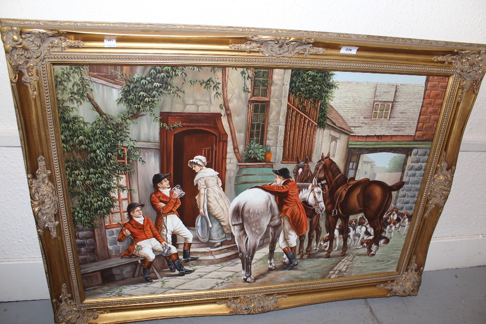 Robert Fox, 20th Century oil on canvas, ' After the Hunt ' with figures, horses and hounds, - Image 2 of 10