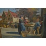 Early 20th Century Flemish school pair of oil paintings on board, market scenes with figures, 14.