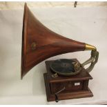 Early 20th Century H.M.V. table top wind-up gramophone with mahogany laminated horn, the base 13.