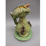 Portuguese Carvalho Pallissy ware covered jug with stand, relief decorated with reptiles (with