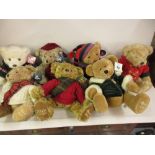 Collection of seven various Harrods teddy bears, together with a framed print of teddy bears after