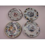 Three 18th Century English Delft plates (damages), together with a similar Continental Delft