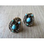 Pair of 19th Century Russian 14ct gold cufflinks of horseshoe design set turquoise and old cut