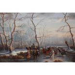 G. Schroter, 20th Century oil on canvas, winter scene with figures skating on a frozen river,