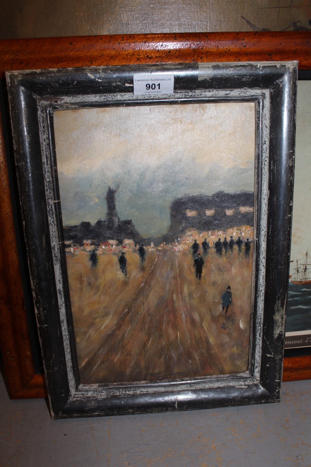 Oil on panel, figures by a road leading to a Continental town, housed in a silvered moulded frame, - Image 2 of 2