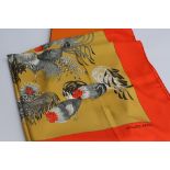 Ladies Hermes silk scarf decorated with cockerels in original box 90cms x 82cms, some staining as