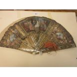 18th Century French fan hand painted with figures in garden scenes with gilded mother of pearl