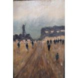 Oil on panel, figures by a road leading to a Continental town, housed in a silvered moulded frame,