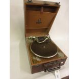 Dulcetto leather cased table top wind-up gramophone