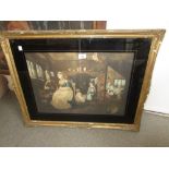 Gilt framed coloured print, cottage interior scene after Morland together with another ' Dulce Domum