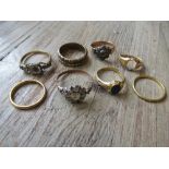 Four various 19th Century rings (with damages), two 19th Century gold wedding bands and another gold