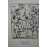 Rene Cloke, ink illustration - Pocohontas pleading for Captain Smith, 8ins x 6ins framed