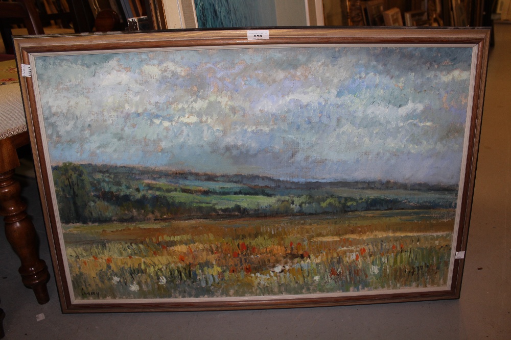 Mid 20th Century oil on canvas board, an extensive rural landscape with wild flowers to the - Image 2 of 3