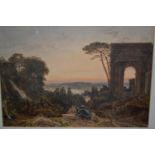 George Barrett, signed watercolour, classical landscape at sunset with ruins and figures resting
