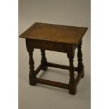 Good quality reproduction oak joint stool in 17th Century style, the moulded top above a carved