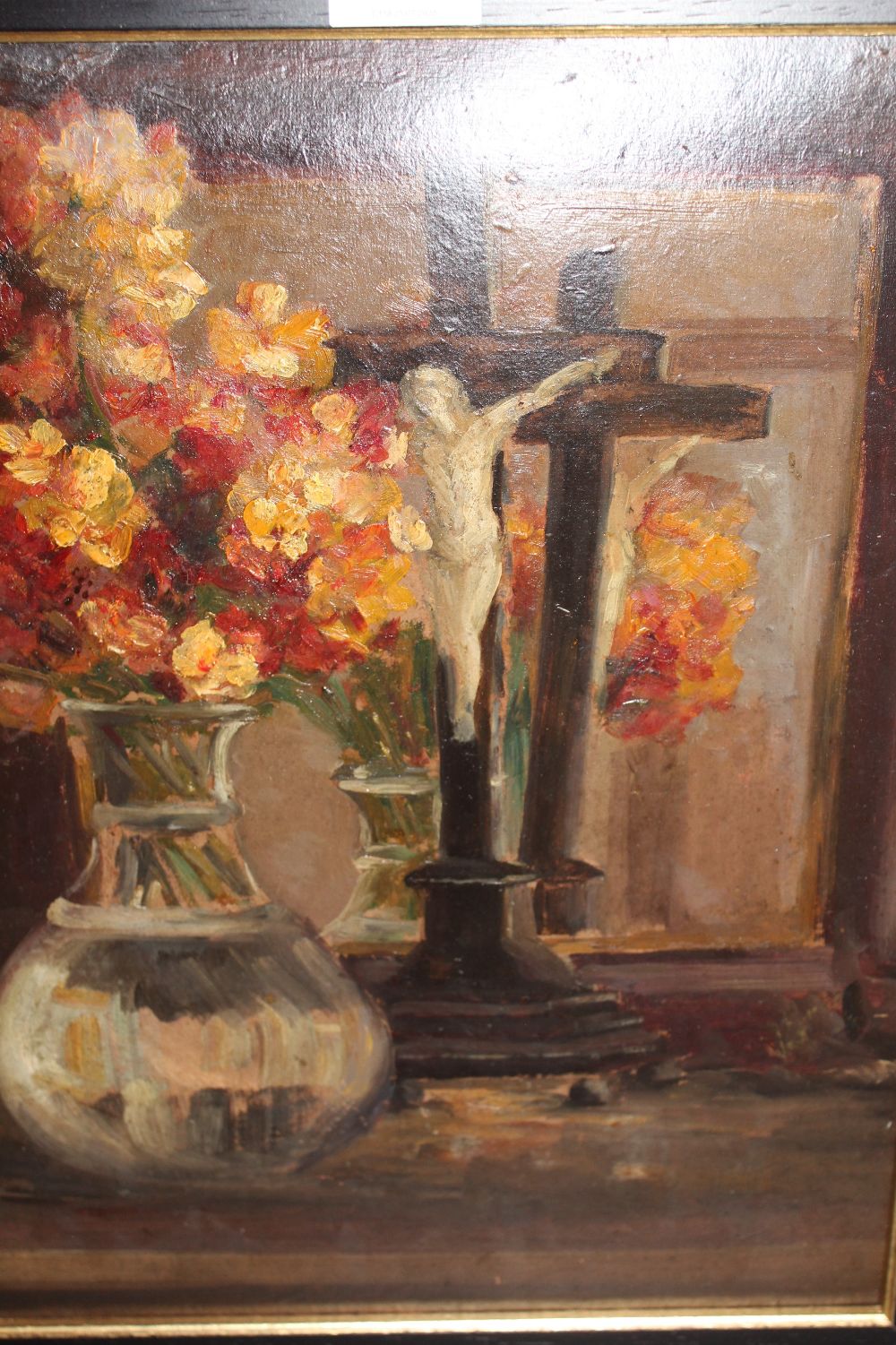 Early 20th Century oil on card, still life with wallflowers in a vase reflected in a mirror,
