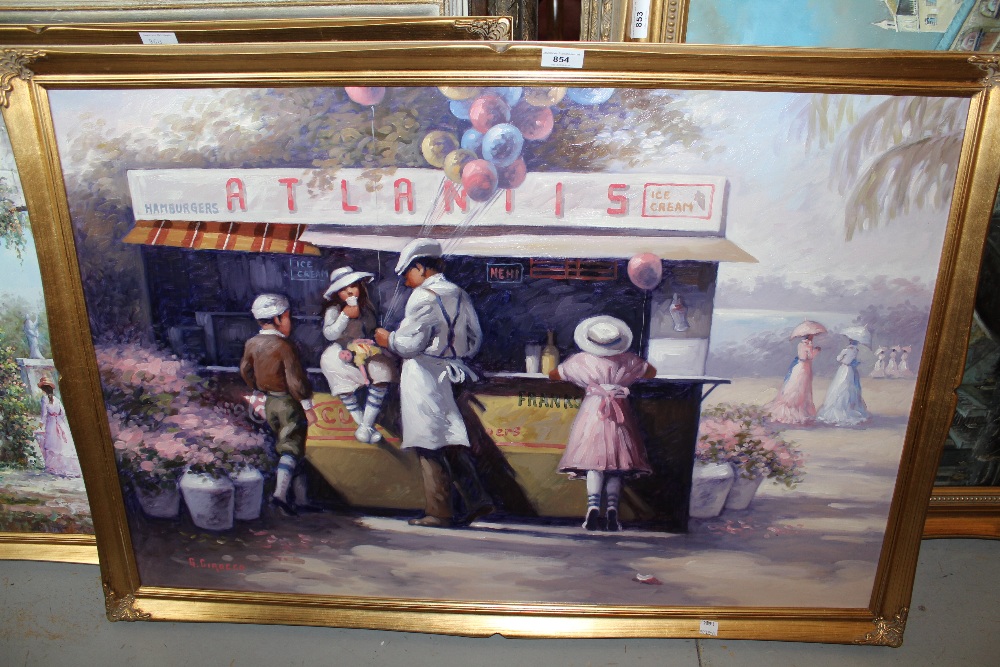 G. Girocco, 20th Century oil on canvas, figures at an ice cream stall, signed, 23ins x 35ins, gilt - Image 2 of 3