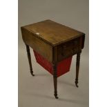 Good quality George IV mahogany drop-leaf work table with end drawers and wool bag raised on