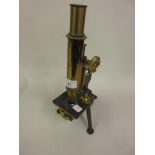 Early 20th Century brass and black anodised monocular microscope (adjustment wheel damage)