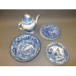 19th Century English blue and white transfer printed bowl with chinoiserie decoration, together with