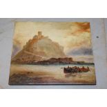 Barlow Moore, signed oil on panel, view of St. Michael's Mount, Cornwall with figures and boat on