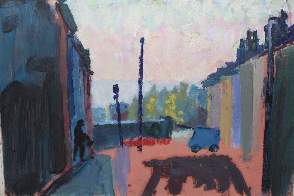 Oil sketch on card, figure in a street of terraced houses, inscribed verso ' H. Workman ', 8ins x