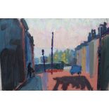Oil sketch on card, figure in a street of terraced houses, inscribed verso ' H. Workman ', 8ins x