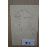 Framed pencil drawing, head and shoulder portrait of a figure wearing a beret, initialled, 5ins x