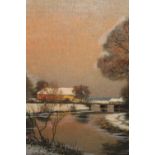 C.W. Strange, oil on canvas, a winter river scene with distant farm buildings, signed, 24ins x