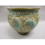 Burmantofts Faience jardiniere decorated with a band of stylised flower heads in turquoise blue,